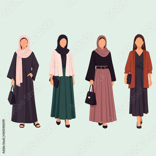 Four stylish Muslim women in modern abayas and hijabs, showcasing diverse fashion choices.