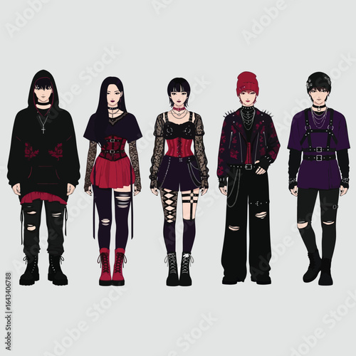 Five stylized figures in dark, gothic-inspired outfits, showcasing diverse fashion elements.