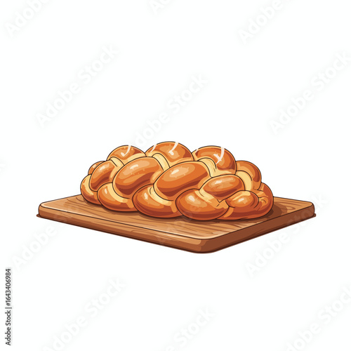 A golden, braided loaf of bread rests on a wooden cutting board, ready to serve.
