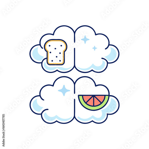 Brain clouds representing healthy and unhealthy food choices