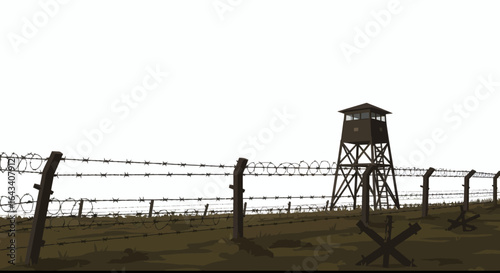 Gloomy watchtower stands guarded by barbed wire, conveying themes of restriction and historical confinement