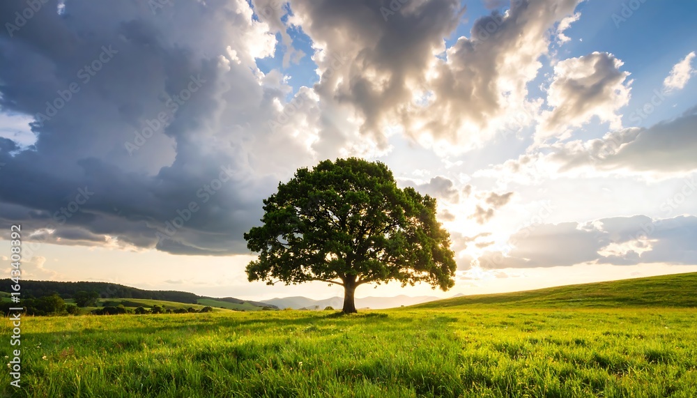 Obraz premium Majestic tree standing alone in green field under dramatic sky at sunset