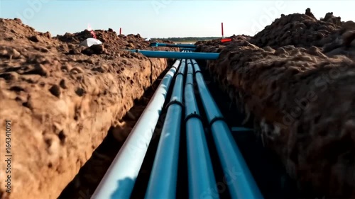 Underground Infrastructure: Blue Pipes in a Trench