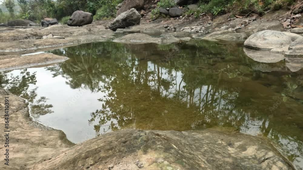 Mountain river flow during the dry season. Clear mountain river water. Ecological and environmental concept. Footage 4K, 60Fps Mountain river flow during the dry season. Clear mountain river water. Ecological and environmental concept. Footage 4K, 60Fps