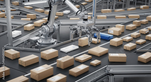 Automated robotic arm sorting parcels on a conveyor belt in a modern logistics and distribution center