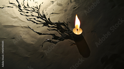 A flickering candle illuminates a dark, textured , casting an eerie shadow resembling a gnarled tree branch, creating a mysterious and contemplative atmosphere.