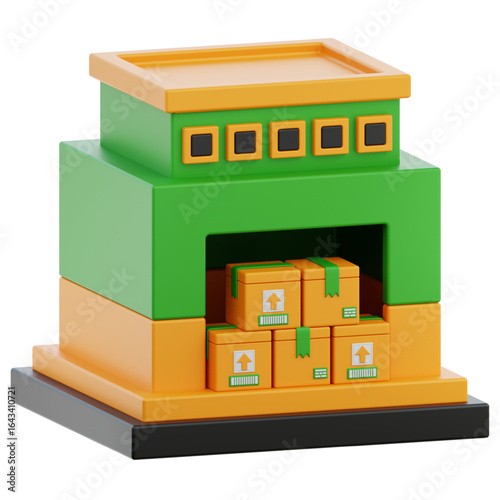3D illustration of a factory warehouse building with stacked cardboard boxes, symbolizing storage, inventory, and logistics concepts