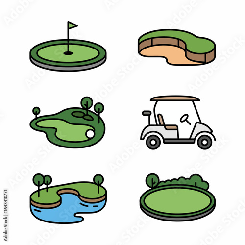 Golf Course Elements Graphic Set Icon Style Illustration Golfing Green Field Sand Trap Golf Cart for Sport and Leisure Activities