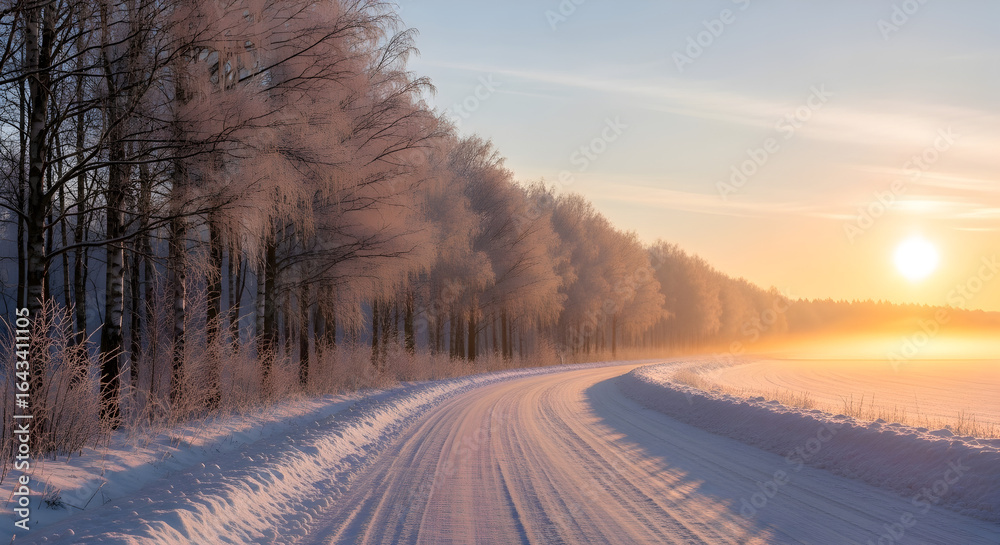 Obraz premium Frosty Birch Trees Line a Snowy Country Road at Sunrise