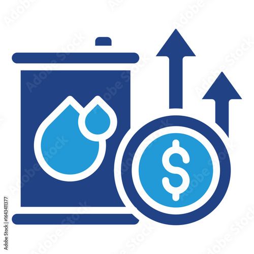 The drum icon represents the rising price of liquid commodities, such as crude oil, chemicals, or water, a concept of positive market trends or optimism related to oil.
