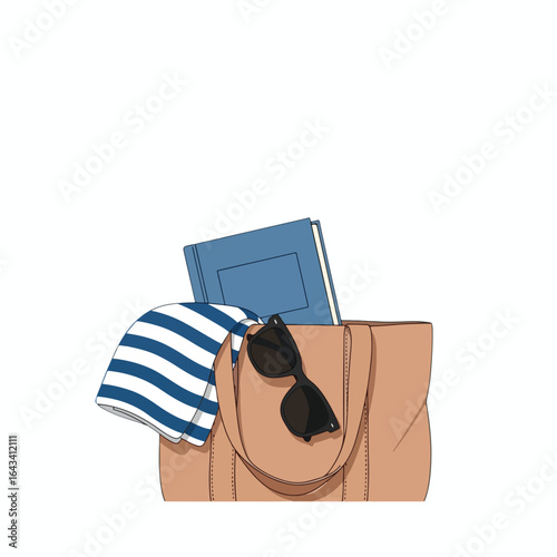 A tote bag containing a book, sunglasses, and a striped shirt, suggesting a day at the beach or a casual outing.