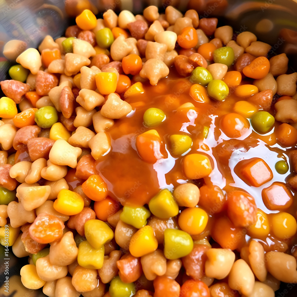 A bowl brimming with a vibrant medley of kibble, glistening with a savory sauce, a staple of canine nourishment. A bowl brimming with a vibrant medley of kibble, glistening with a savory sauce, a staple of canine nourishment.