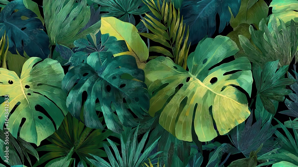 custom made wallpaper toronto digitalVibrant green foliage with a variety of tropical leaves, showcasing shades of green and yellow.