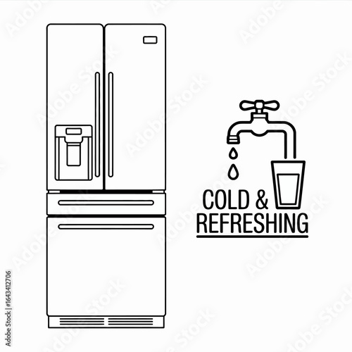 Modern Refrigerator with Water Dispenser and Cold and Refreshing Water Illustration for Appliance Advertising and Home Design Templates