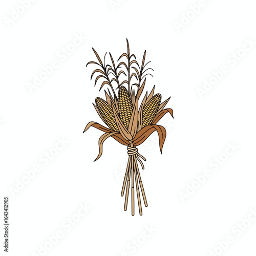 A stylized illustration of a fall corn husk bouquet, with dried corn cobs and stalks.