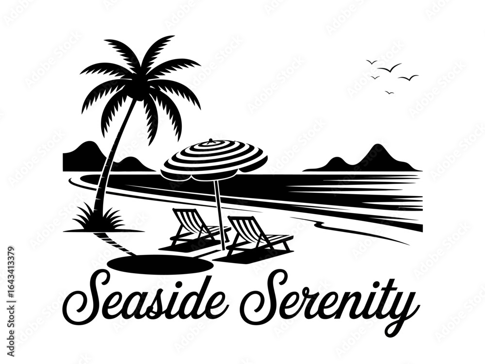 Obraz premium Seaside Serenity a Monochrome Tropical Beach Scene with Palm Tree Umbrella and Chairs for Relaxation