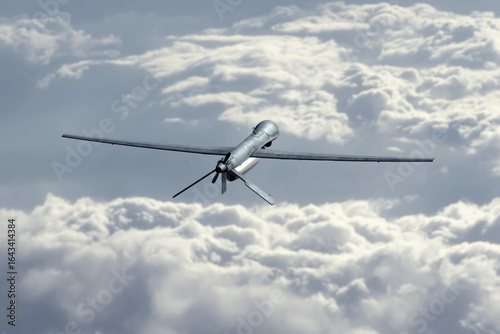 Schilderij op canvas A military drone flying in the upper atmosphere above white clouds