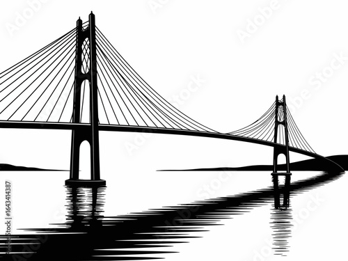 Suspension Bridge Silhouette over Calm Water Minimalist Design Black and White Illustration Landmark Infrastructure Engineering Transportation