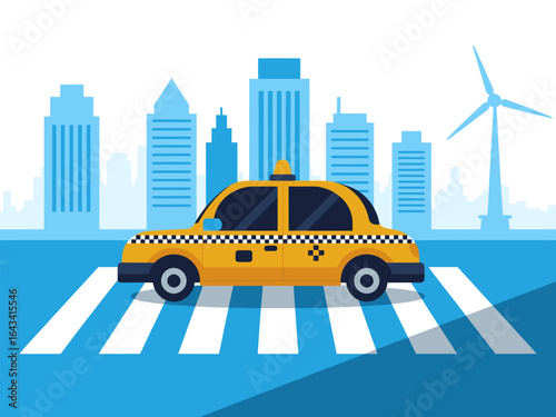 Yellow Taxi Cab on Crosswalk with Cityscape Background Urban Transportation Scene Illustration Vector Graphic Design Clean Modern Style Transportation Concept