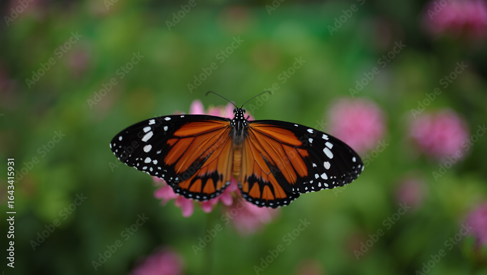 Fototapeta premium Monarch butterfly resting on a pink flower in a garden