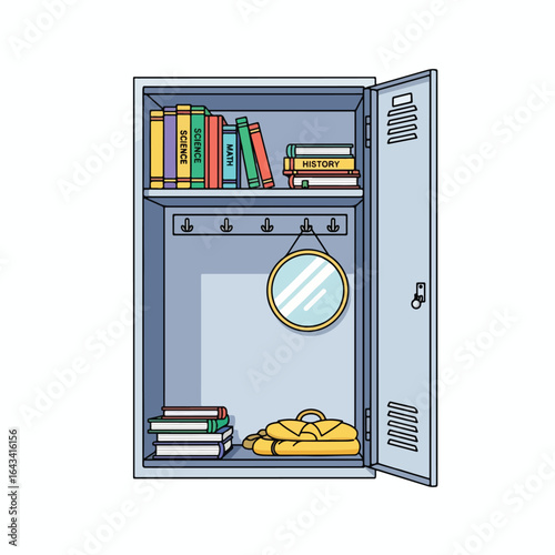 An open school locker with books on the top shelf, a mirror hanging, and a jacket and more books on the bottom.
