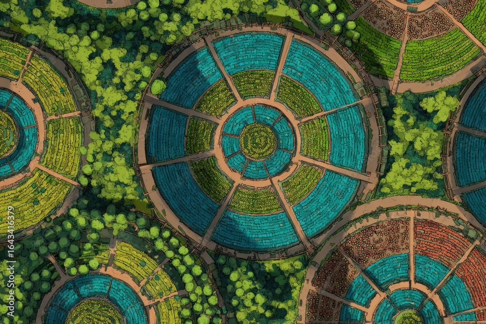 Aerial View of Circular Garden Designs with Vibrant Blue and Green Patterns Surrounded by Lush Trees and Pathways Aerial View of Circular Garden Designs with Vibrant Blue and Green Patterns Surrounded by Lush Trees and Pathways