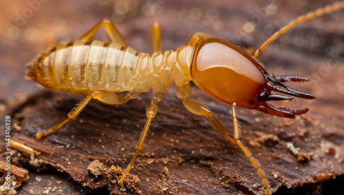 Close up macro shot of a termite soldier with large mandibles on wood