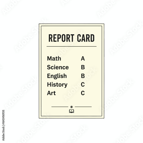 Illustration of a report card displaying grades in different subjects, including Math, Science, English, History, and Art.