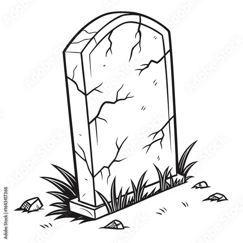 A cracked and weathered tombstone stands in a grassy graveyard with scattered rocks