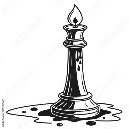 A melting chess king candle with dripping wax and a flame