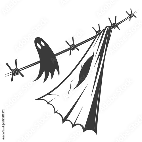 A spooky ghost caught on barbed wire with a tattered flag waving