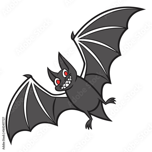Cartoon bat with red eyes and sharp teeth flying with wings spread
