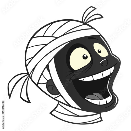 Cartoon mummy character with a wide happy grin and surprised eyes