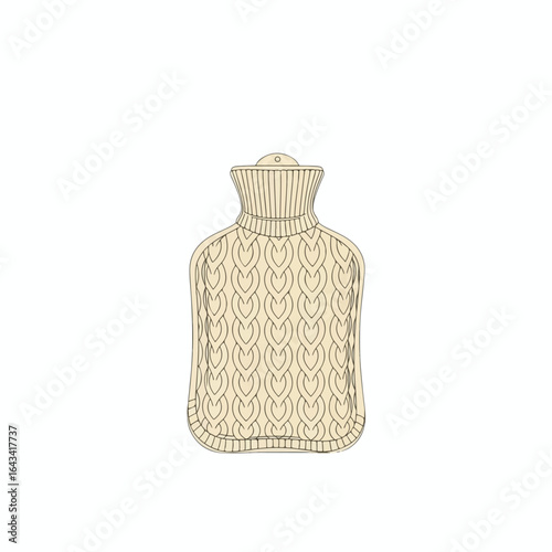 A cream-colored knitted hot water bottle, designed with a textured pattern, hangs from a loop.