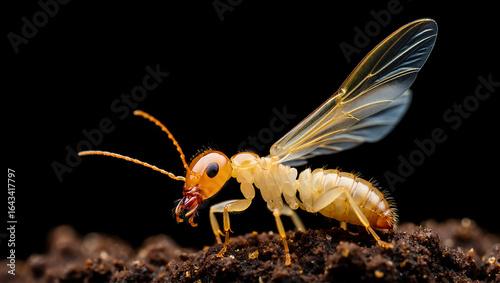 Close up of a winged ant queen with translucent wings on dark soil