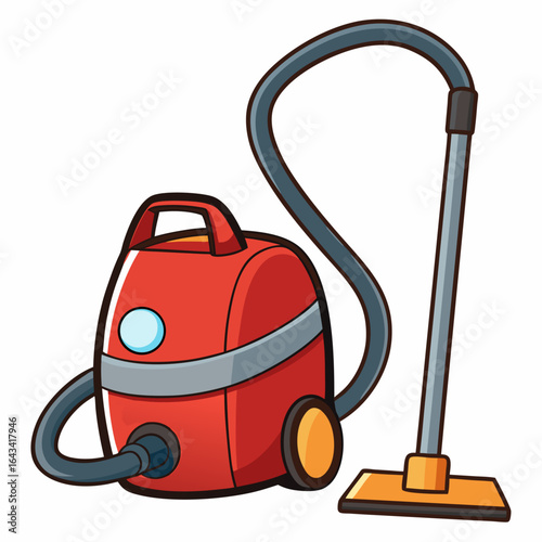 A red canister vacuum cleaner with a long hose and floor nozzle, ready for cleaning.