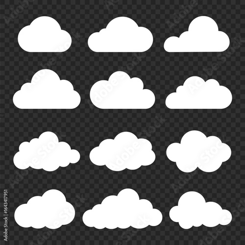 Set of 12 white cloud icons on a transparent background. Cloud shapes vary in size and style. Perfect for weather apps, cloud graphics, and design projects. Weather illustration, vector set.
