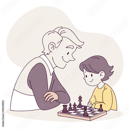 Father and child happily playing a game of chess together indoors