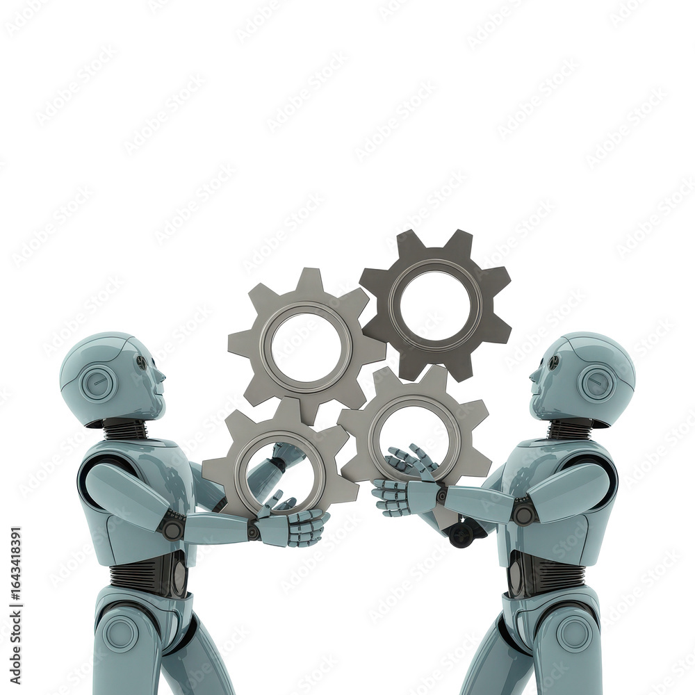 Naklejka premium Two futuristic robots collaborating to assemble interlocking gears symbolizing teamwork and mechanical engineering innovation isolated on transparent background