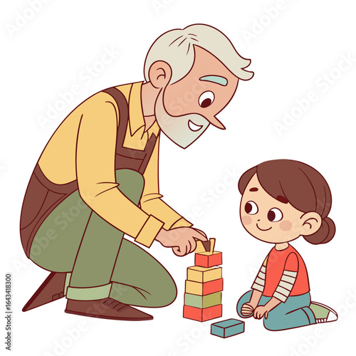 Grandfather and granddaughter happily playing together stacking colorful wooden blocks indoors