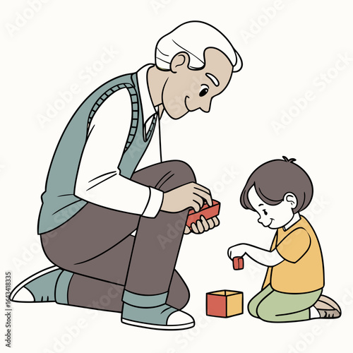 Grandfather and grandson playing together with building blocks indoors