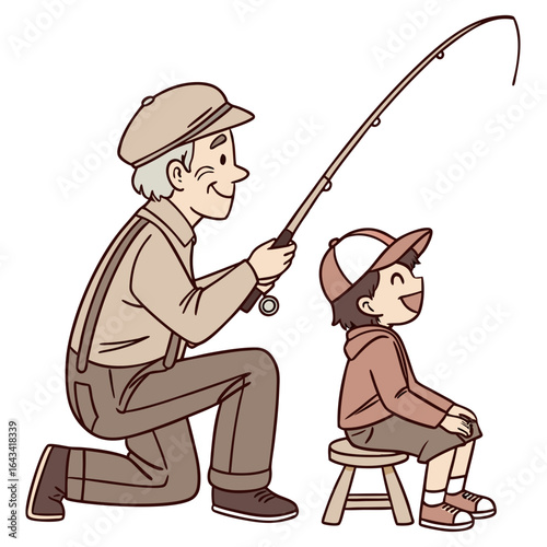 Grandfather and grandson enjoying a happy fishing trip together