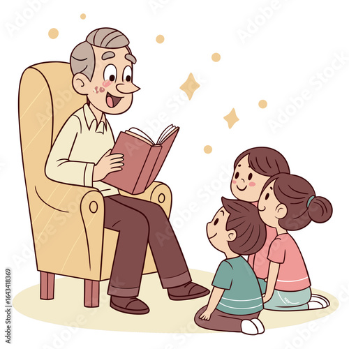 Grandfather happily reading a story to his attentive grandchildren in a cozy armchair