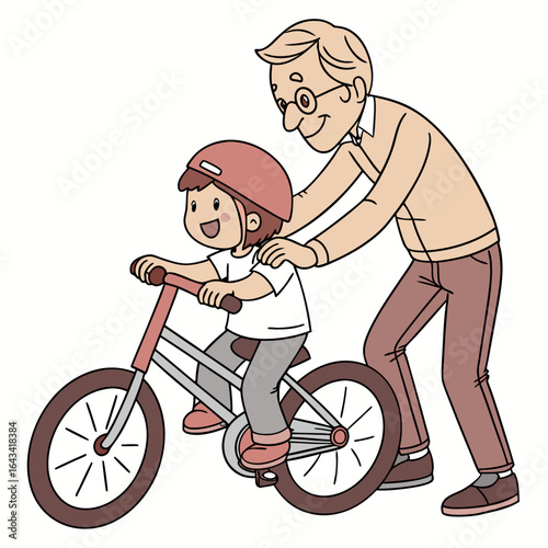 Grandfather teaching his grandchild how to ride a bicycle