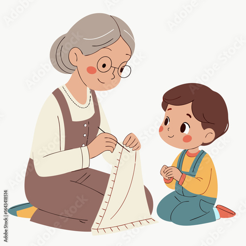 Grandmother teaching her grandson how to knit or sew with a needle and thread