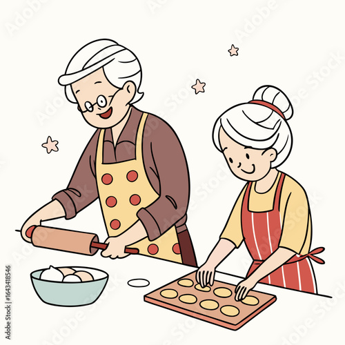 Grandparents happily baking cookies together in the kitchen with a rolling pin and baking tray