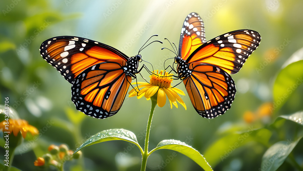 Fototapeta premium Two monarch butterflies on a yellow flower in sunlight