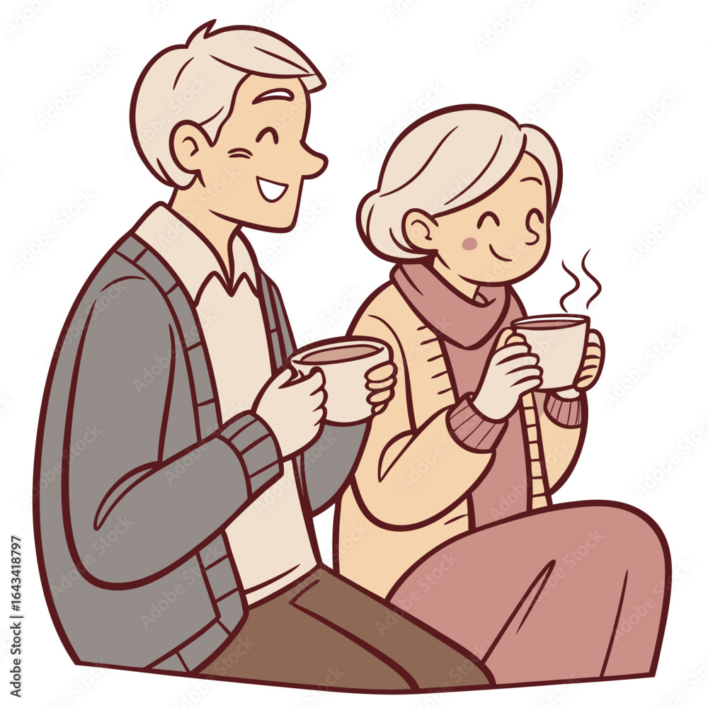Fototapeta premium Happy elderly couple enjoying warm drinks together on a cozy day