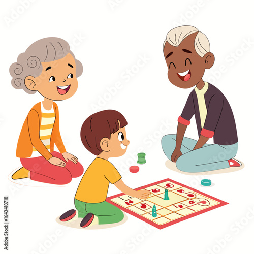 Happy diverse family enjoying playing a board game together indoors