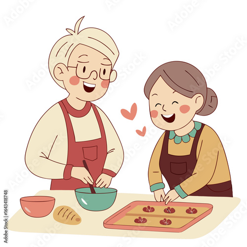 Happy elderly couple baking cookies together in the kitchen with love